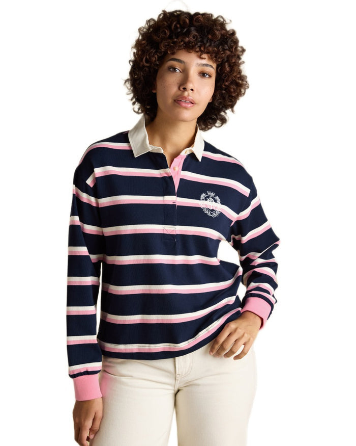 Navy Pink coloured Joules Womens Lara Long Sleeve Top on white background #colour_navy-pink