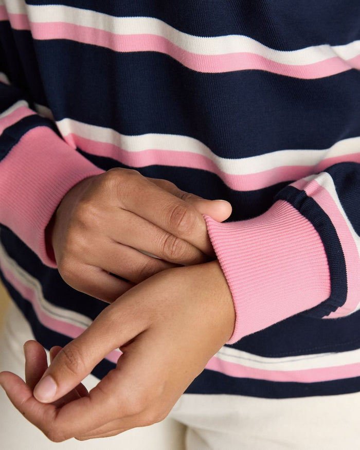 Navy Pink coloured Joules Womens Lara Long Sleeve Top on white background #colour_navy-pink