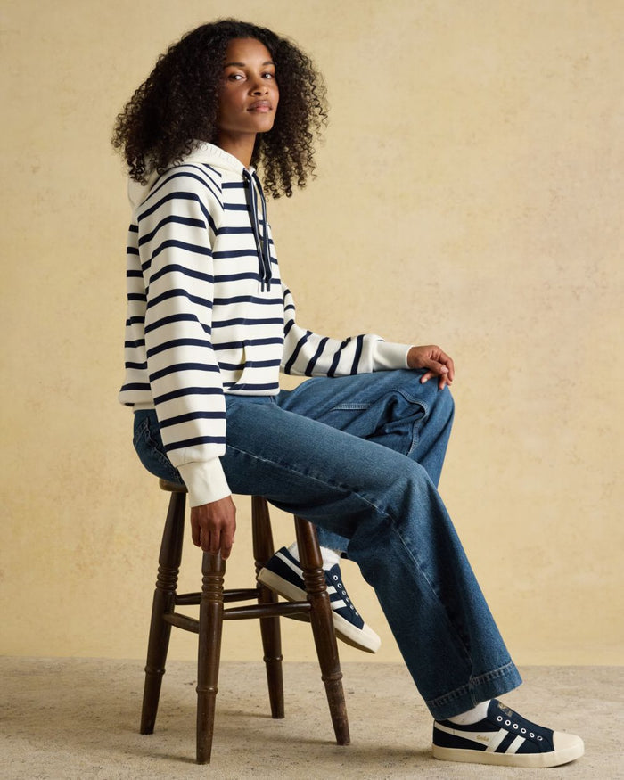 Cream Navy Stripe coloured Joules Womens Milbourne Hoodie on wall background #colour_cream-navy-stripe