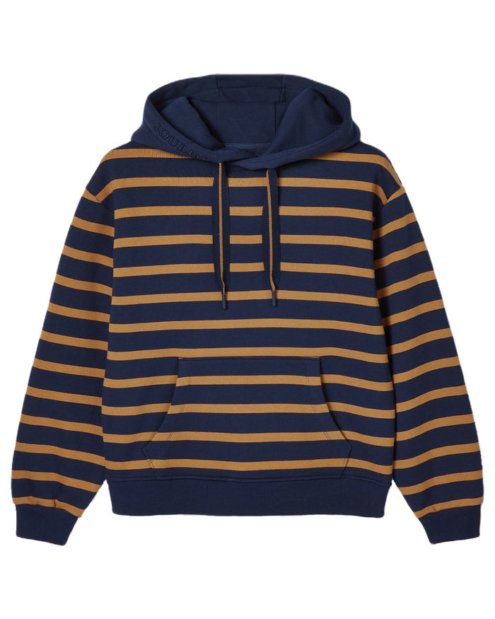 Navy Tan Stripe coloured Joules Womens Milbourne Hoodie on White Background #colour_navy-tan-stripe