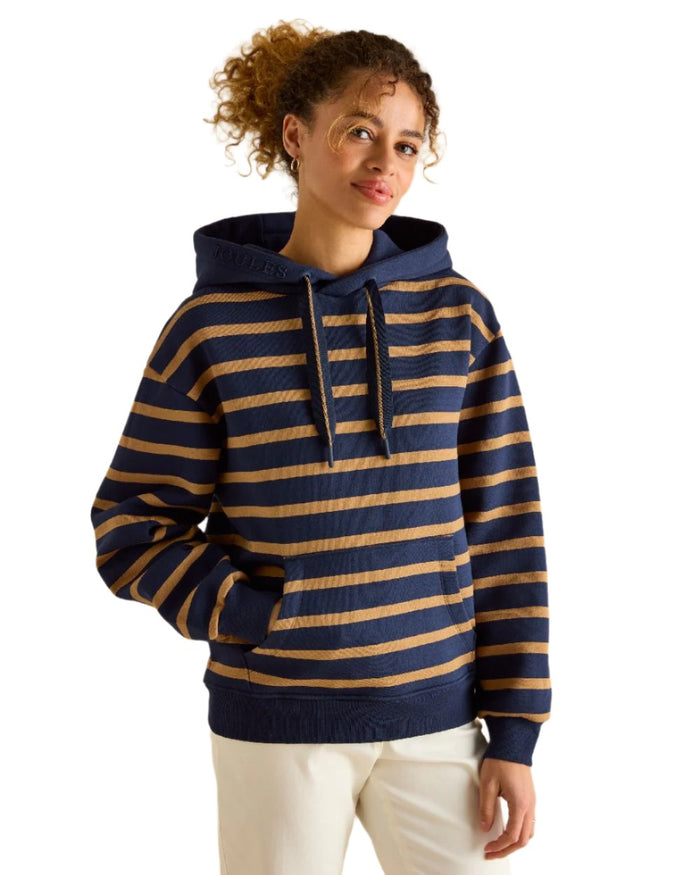 Navy Tan Stripe coloured Joules Womens Milbourne Hoodie on White Background #colour_navy-tan-stripe
