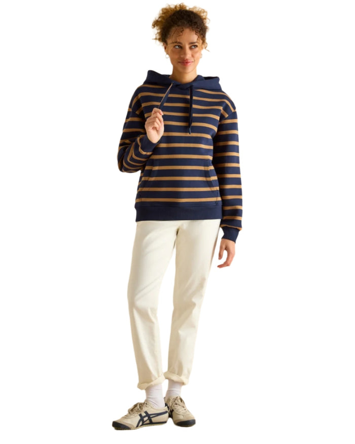 Navy Tan Stripe coloured Joules Womens Milbourne Hoodie on White Background #colour_navy-tan-stripe