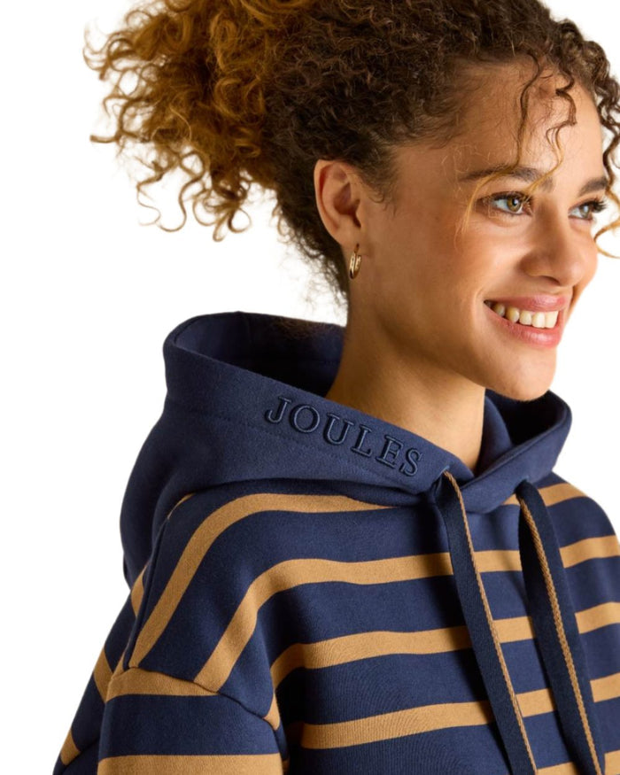 Navy Tan Stripe coloured Joules Womens Milbourne Hoodie on White Background #colour_navy-tan-stripe