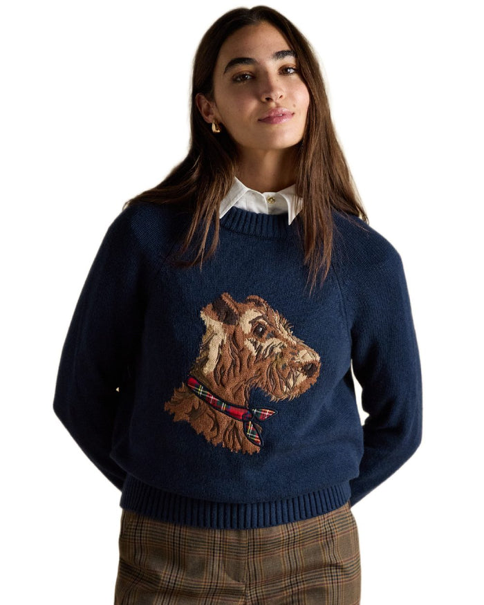 Navy Coloured Joules Womens Monty Dog Jumper on white background #colour_navy