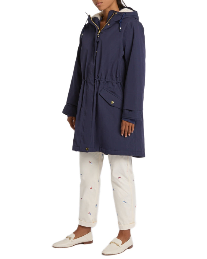Navy Coloured Joules Womens Portwell Cosy Fleece Lined Waterproof Mac on white background #colour_navy