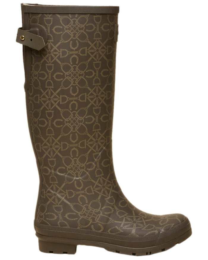 Brown Coloured Joules Womens Printed Wellingtons on white background #colour_brown