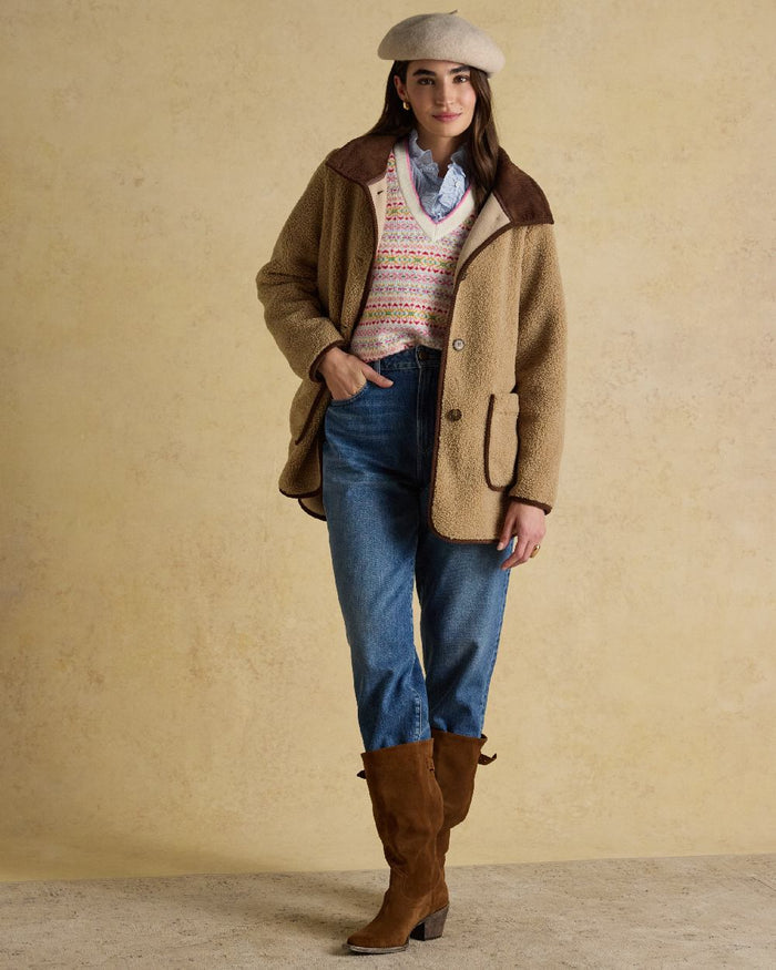 Neutral Coloured Joules Womens Button Through Sadie Longline Fleece on indoor background #colour_neutral