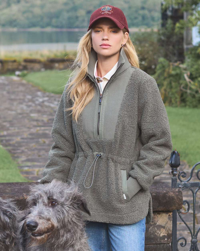 Khaki Green coloured Joules Womens Thurleston Borg Fleece Jacket on Farm Background #colour_khaki-green