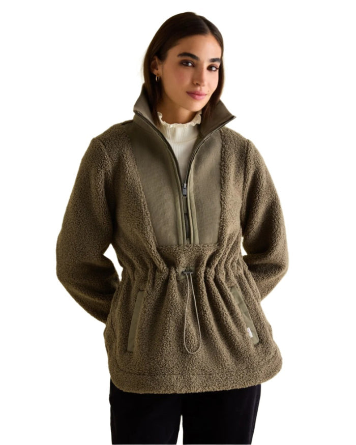 Khaki Green coloured Joules Womens Thurleston Borg Fleece Jacket on white Background #colour_khaki-green