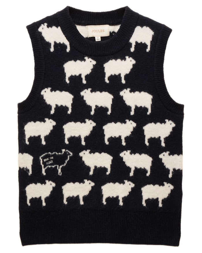 Navy coloured Joules Womens What The Flock Intarsia Knitted Vest on white background #colour_navy