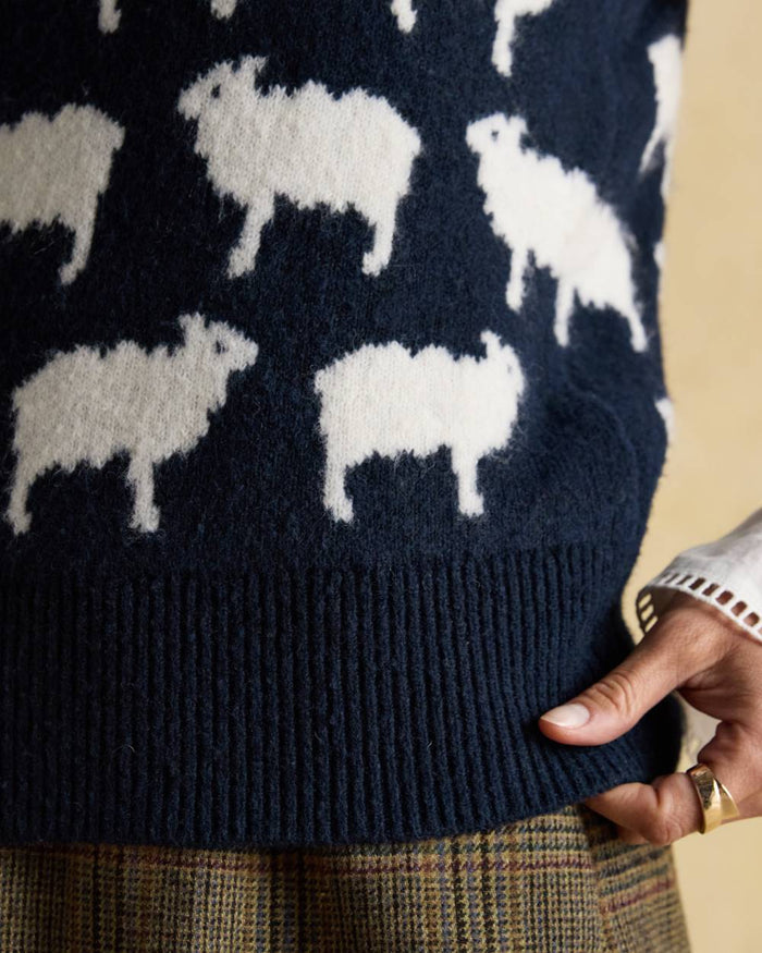 Navy coloured Joules Womens What The Flock Intarsia Knitted Vest on wall background #colour_navy