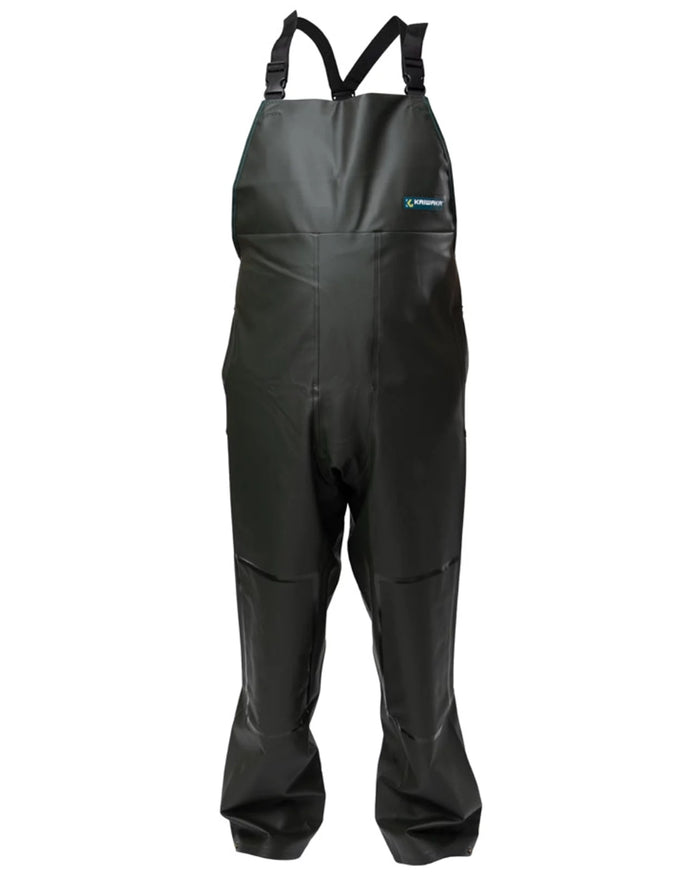 Green coloured Kaiwaka Mens Dairytex Bib Overtrousers on white background #colour_green