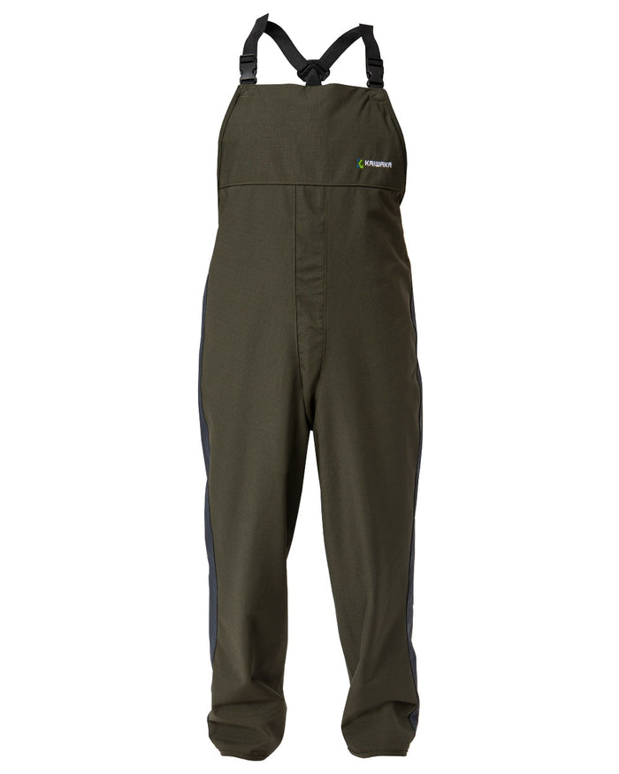 Olive coloured Kaiwaka Mens Stormforce Bib Overtrousers on white background #colour_olive