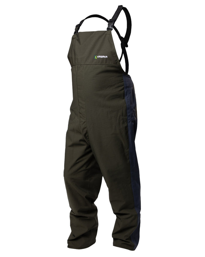 Olive coloured Kaiwaka Mens Stormforce Bib Overtrousers on white background #colour_olive