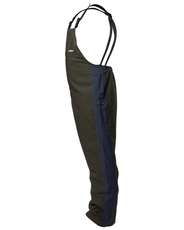 Olive coloured Kaiwaka Mens Stormforce Bib Overtrousers on white background #colour_olive