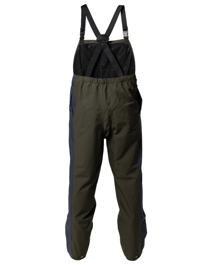 Olive coloured Kaiwaka Mens Stormforce Bib Overtrousers on white background #colour_olive