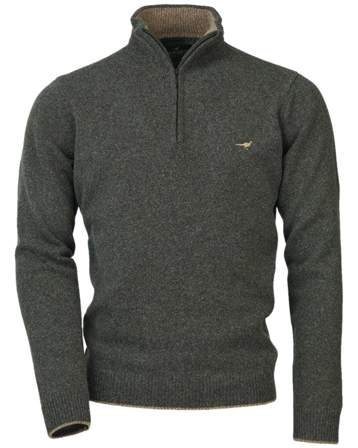 Loden Coloured Laksen Brompton Zip Neck sweater on white background #colour_loden