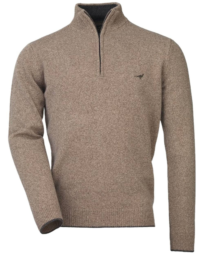 Camel Coloured Laksen Brompton Zip Neck sweater on white background #colour_camel