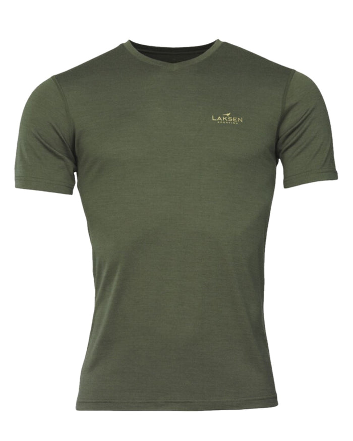 Olive Coloured Laksen Mens Lomond V-neck Tee on white background #colour_olive