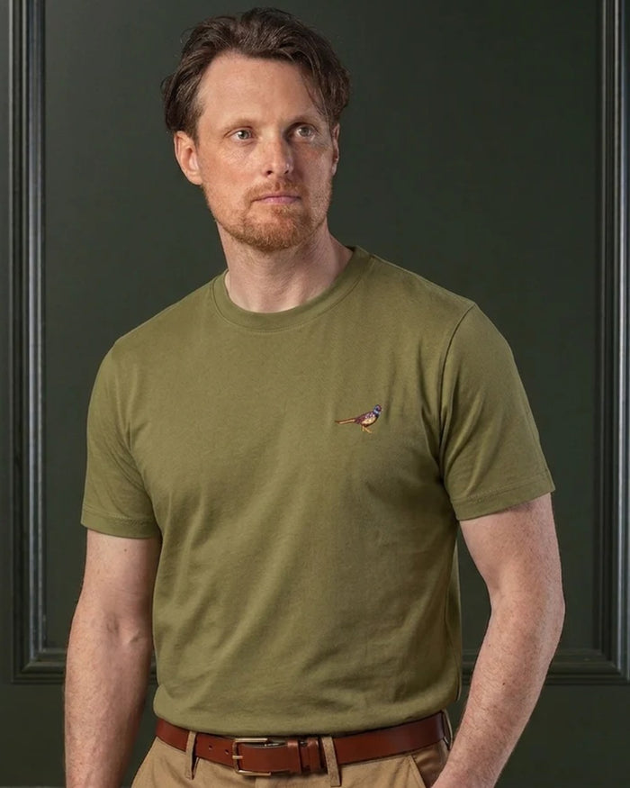 Olive coloured Laksen Mens Pheasant Cotton T-Shirt on wall background #colour_olive