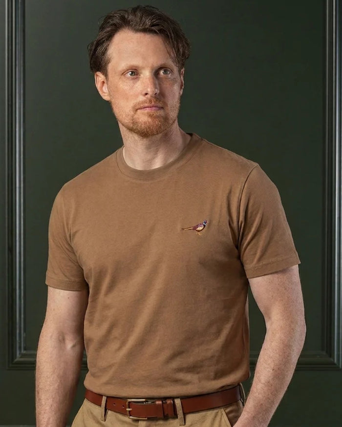 Camel coloured Laksen Mens Pheasant Cotton T-Shirt on wall background #colour_camel