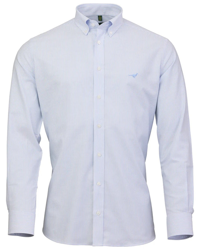 Light Blue coloured Laksen Mens Pin Oxford Stretch Shirt on white background #colour_light-blue