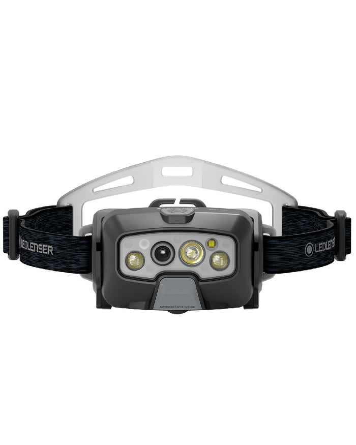 Black coloured Led Lenser HF8R Core Rechargeable Head Torch on white background #colour_black