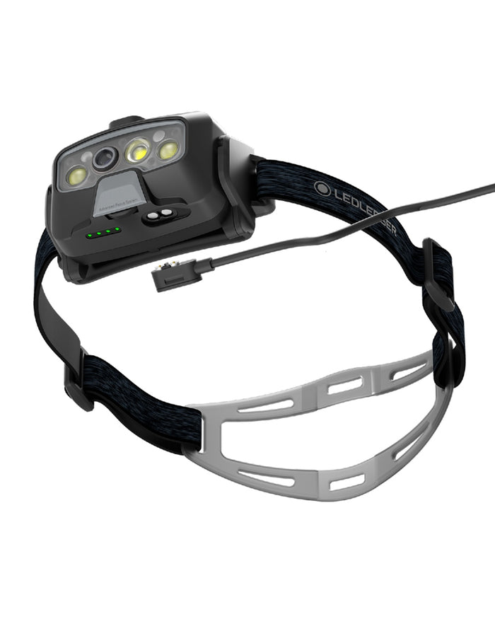 Black coloured Led Lenser HF8R Core Rechargeable Head Torch on white background #colour_black