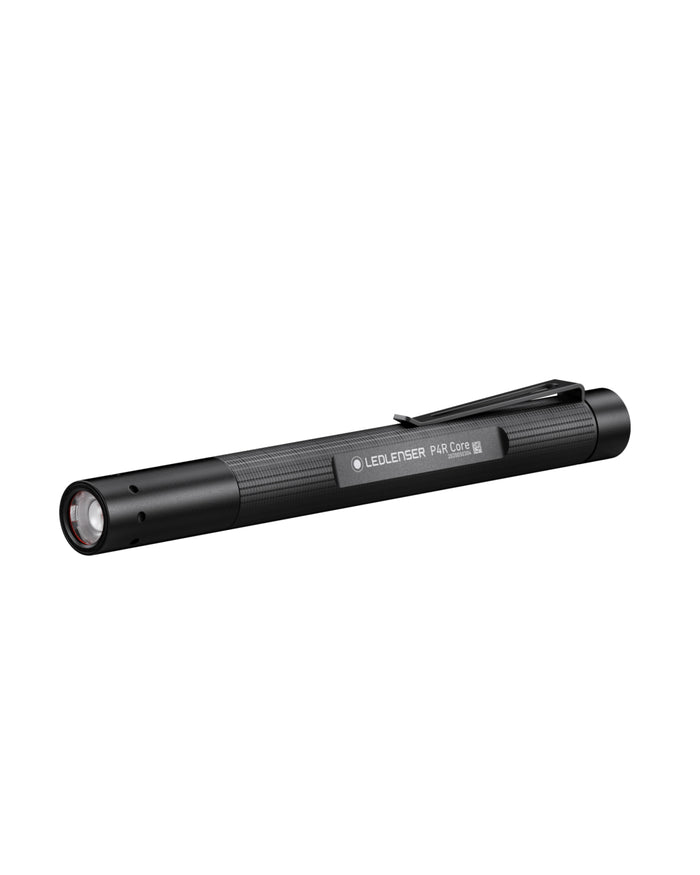 Black coloured Led Lenser P4R Core Rechargeable Torch on white background #colour_black