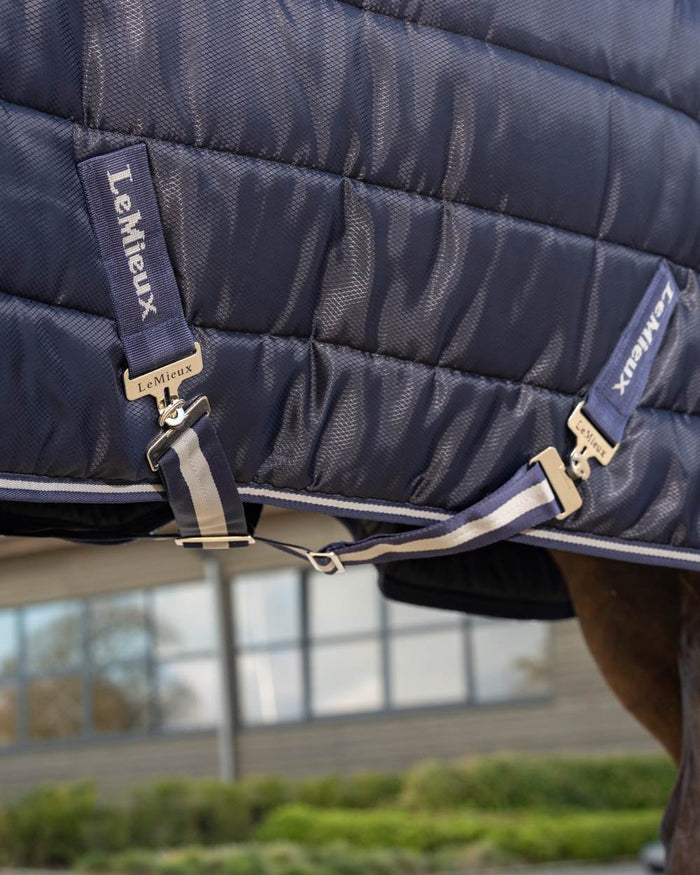 Navy coloured LeMieux Arika Stable-Tek 100g on outdoor background #colour_navy