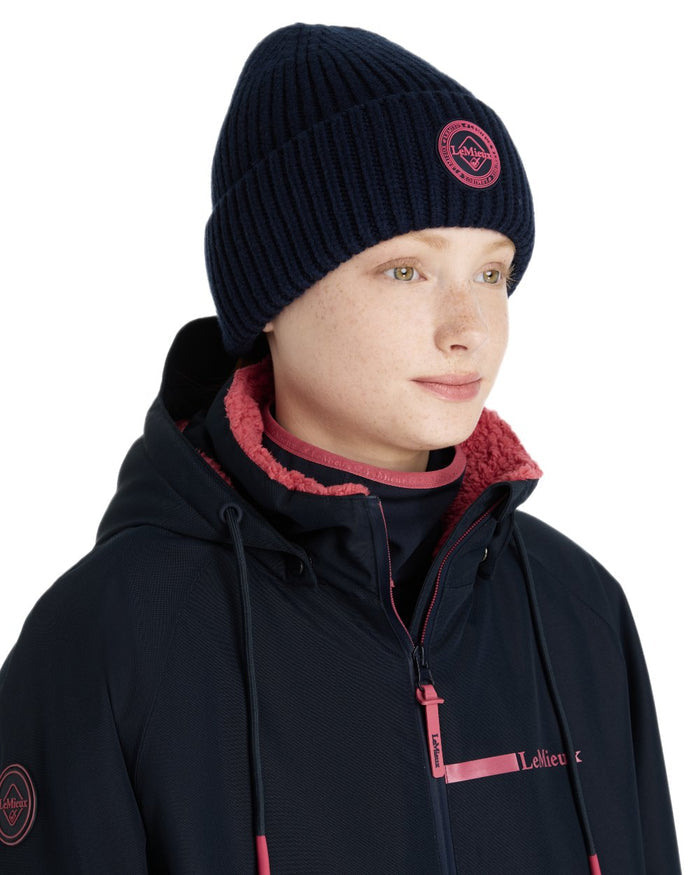 Navy coloured LeMieux Bodie Beanie on white background #colour_navy