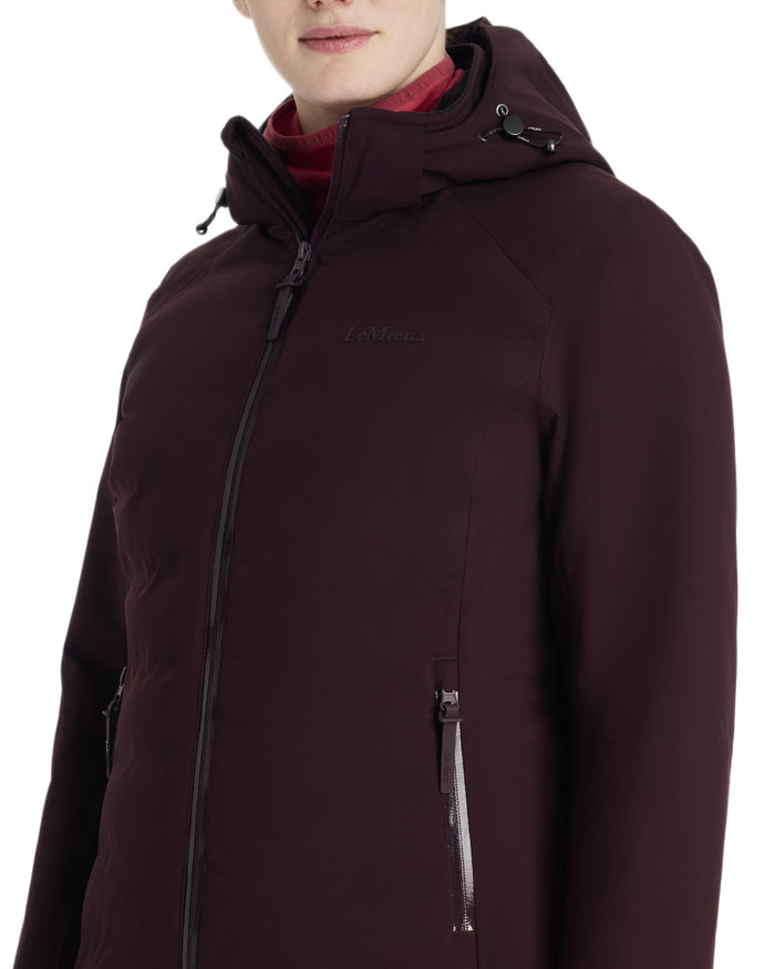 Damson coloured LeMieux Brooke Waterproof Hybrid Jacket on white background #colour_damson