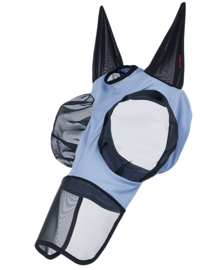 Powder Blue coloured LeMieux Bug Relief Full Mask on blurry background #colour_powder-blue