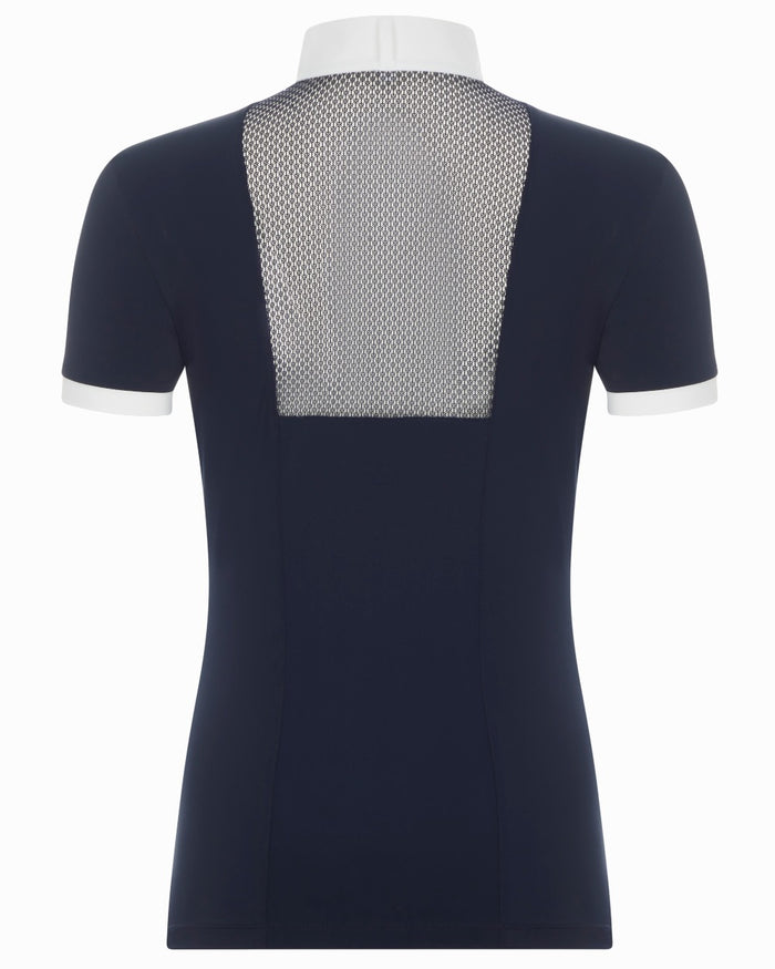 Navy coloured LeMieux Camille Short Sleeve Show Shirt on white background #colour_navy