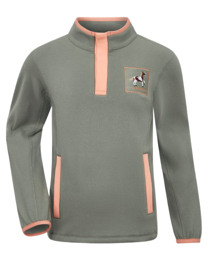 Rosemary coloured LeMieux Childrens Mini Mae Popper Fleece on white background #colour_rosemary