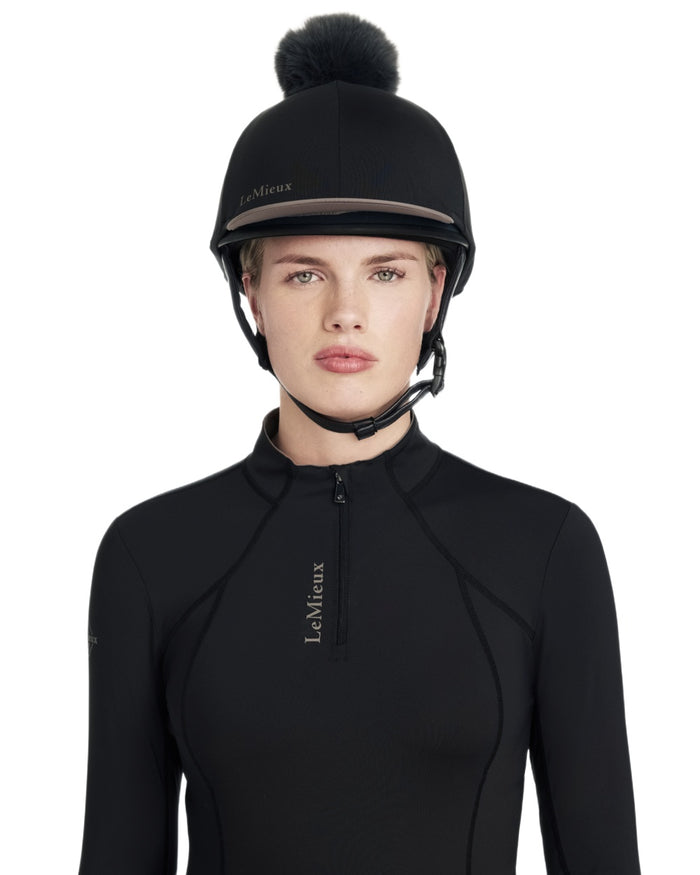 Black coloured LeMieux Classique Pom Hat Silk on white background #colour_black