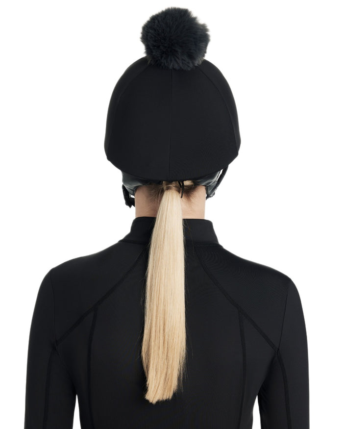 Black coloured LeMieux Classique Pom Hat Silk on white background #colour_black