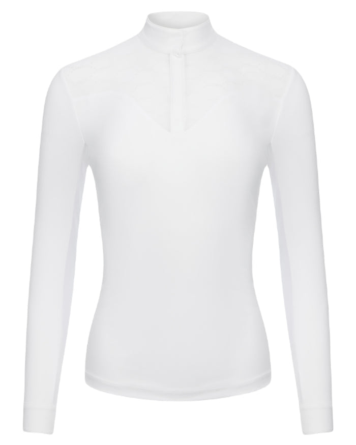 White coloured LeMieux Emily Long Sleeve Show Shirt on white background #colour_white