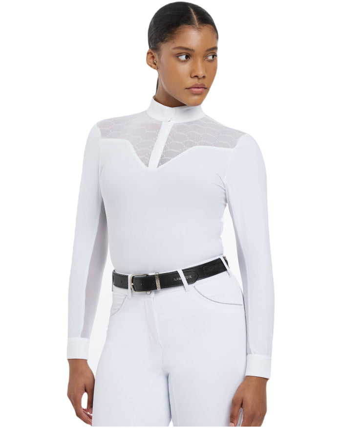 White coloured LeMieux Emily Long Sleeve Show Shirt on white background #colour_white