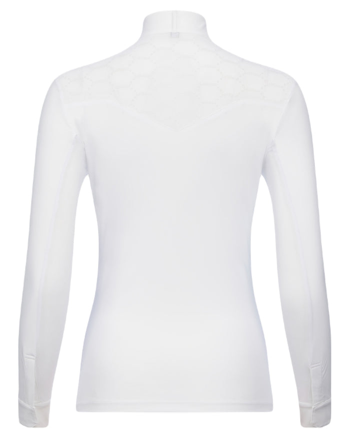 White coloured LeMieux Emily Long Sleeve Show Shirt on white background #colour_white