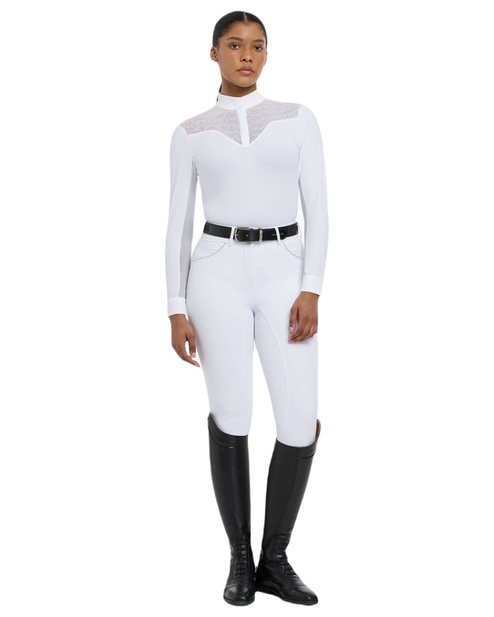 White coloured LeMieux Emily Long Sleeve Show Shirt on white background #colour_white