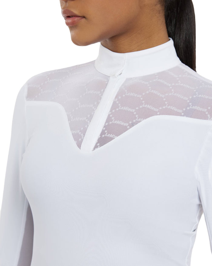 White coloured LeMieux Emily Long Sleeve Show Shirt on white background #colour_white