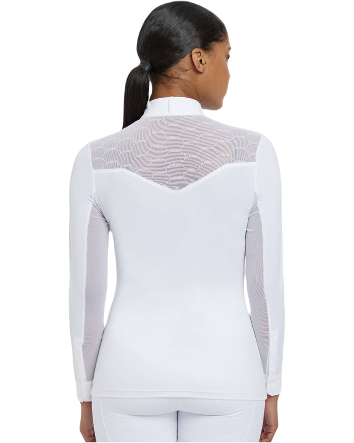 White coloured LeMieux Emily Long Sleeve Show Shirt on white background #colour_white