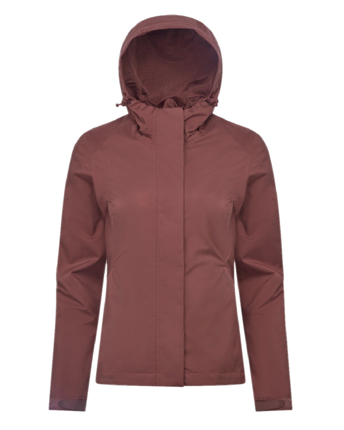 Rosewood coloured LeMieux Isla Short Waterproof Jacket on brown background #colour_rosewood