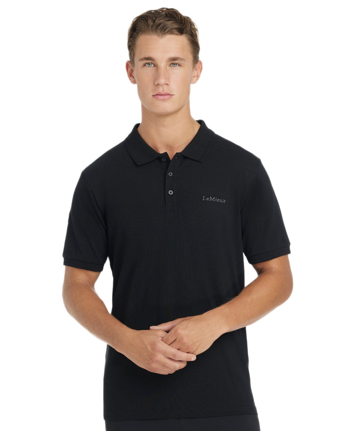 Black coloured LeMieux Mens Classique Polo T-Shirt on white background #colour_black