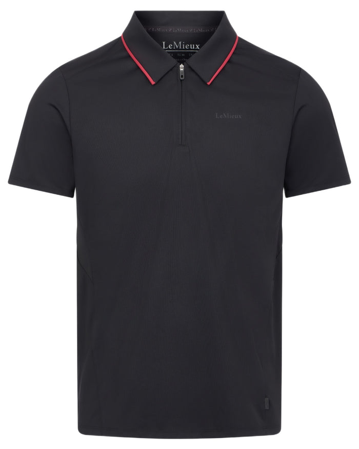 Black coloured LeMieux Mens Performance Polo T-Shirt on white background #colour_black