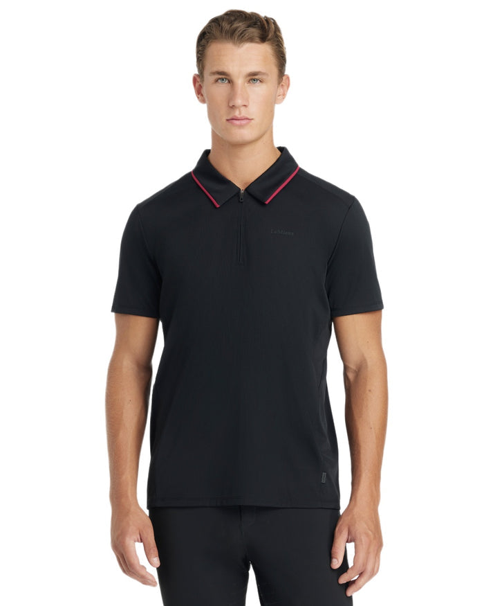 Black coloured LeMieux Mens Performance Polo T-Shirt on white background #colour_black