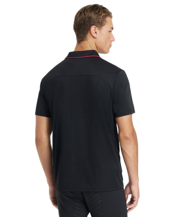 Black coloured LeMieux Mens Performance Polo T-Shirt on white background #colour_black
