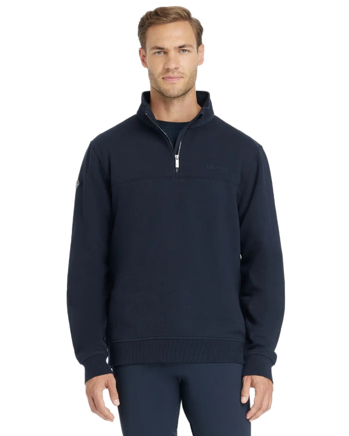 Navy coloured LeMieux Mens Quarter Neck Sweater on white background #colour_navy