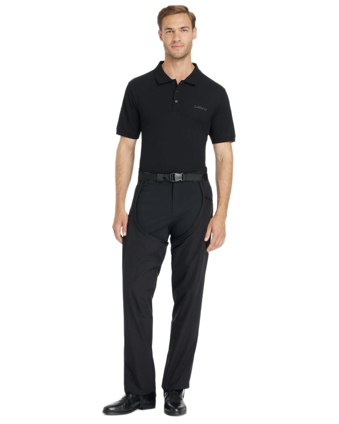 Black coloured LeMieux Mens Stormwear Waterproof Chaps on white background #colour_black